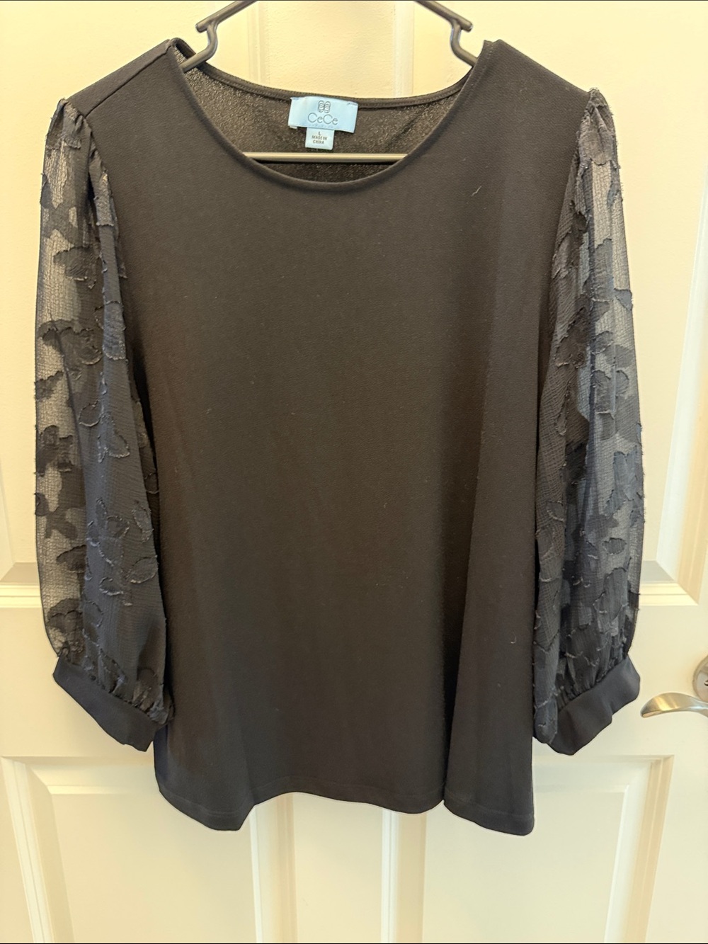 CeCe Black Crewneck Top with Floral Lace Sleeves